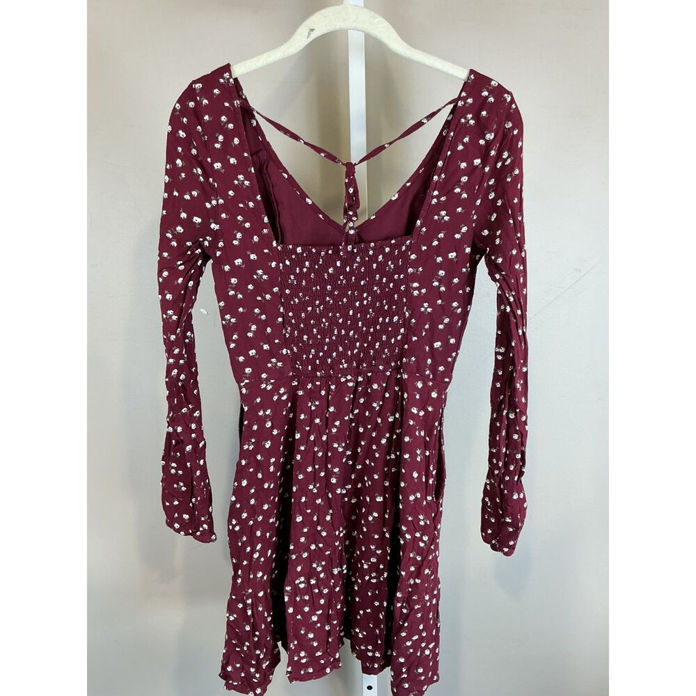 Holister Burgundy White Floral Dress, Long Sleeves ,Smocked Back, Size XS